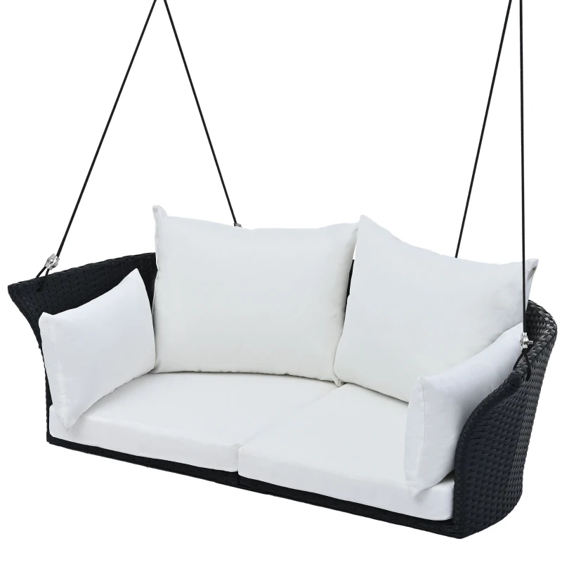 51.9" 2-Person Hanging Seat with Cushions, Rattan Woven Swing Chair with Adjustable Ropes, Waterproof and Sun-Resistant, Includes Cushions and Pillows, 500 LBS Capacity, Black+White