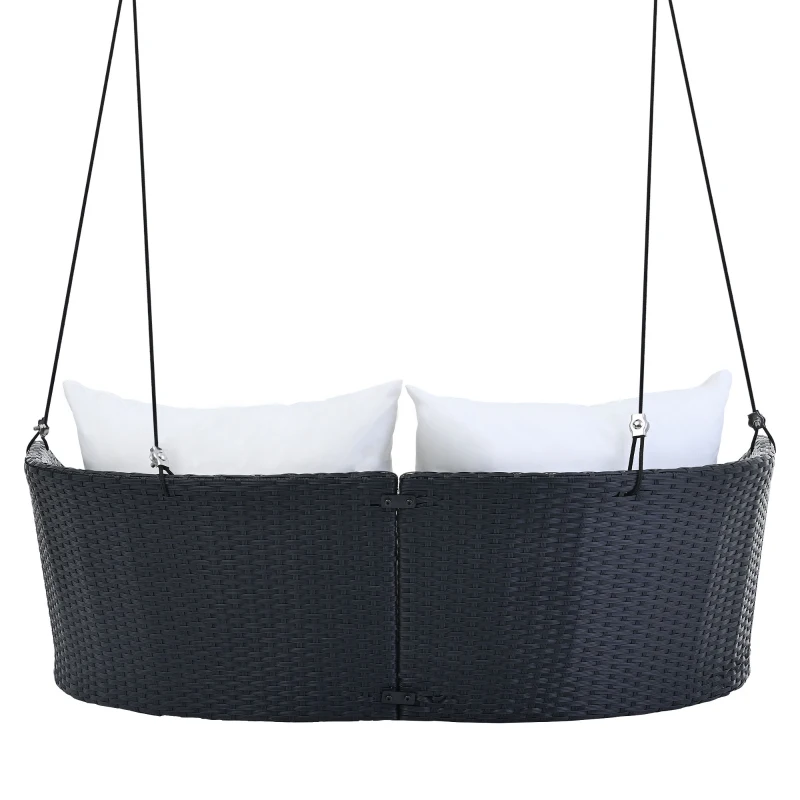 51.9" 2-Person Hanging Seat with Cushions, Rattan Woven Swing Chair with Adjustable Ropes, Waterproof and Sun-Resistant, Includes Cushions and Pillows, 500 LBS Capacity, Black+White