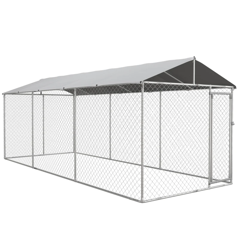 PawHut 19.7' x 7.5' x 7.5' Outdoor Dog Kennel for Large-Sized Dogs with Waterproof UV Resistant Roof, Silver
