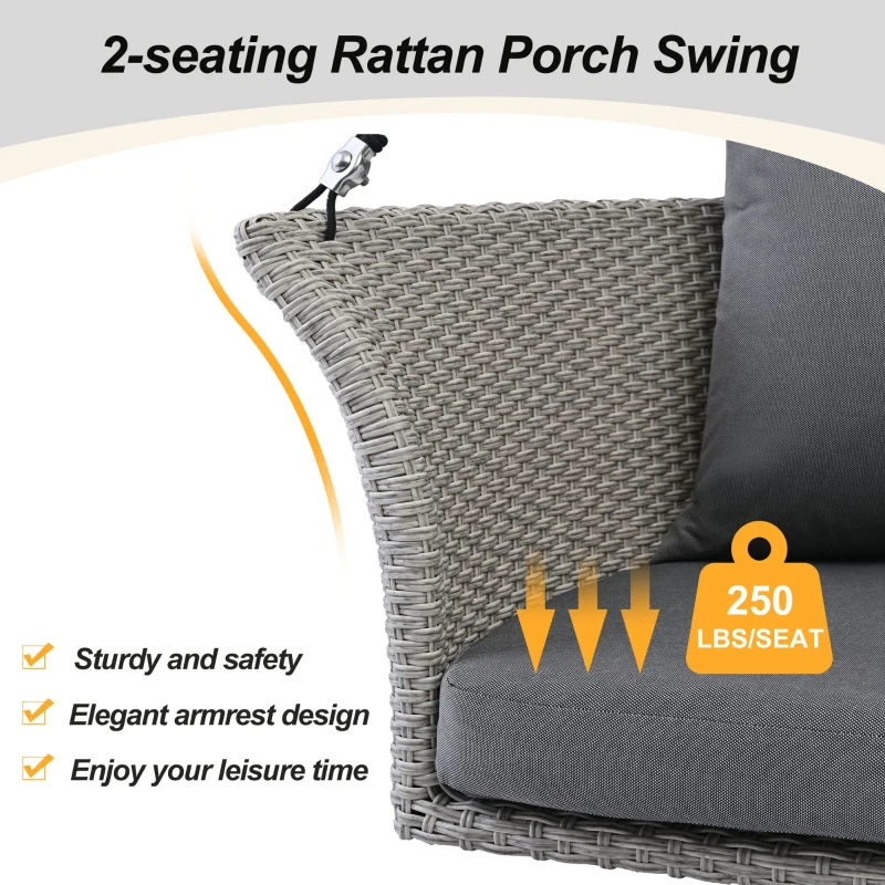 51.9" 2-Person Hanging Seat with Cushions, Rattan Woven Swing Chair with Cushions and Adjustable Ropes, Waterproof and Sun-Resistant, 500 LBS Capacity, Gray