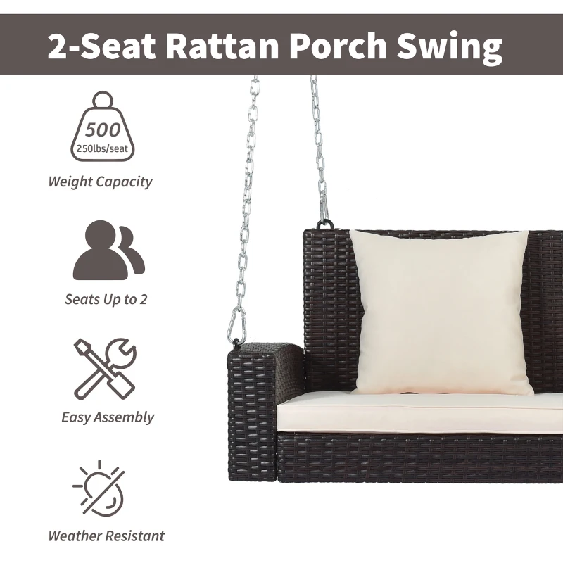 2-Person Wicker Hanging Porch Swing with Chains, Removable Cushions and Pillows, 500 lbs Capacity, 50" Length, Brown