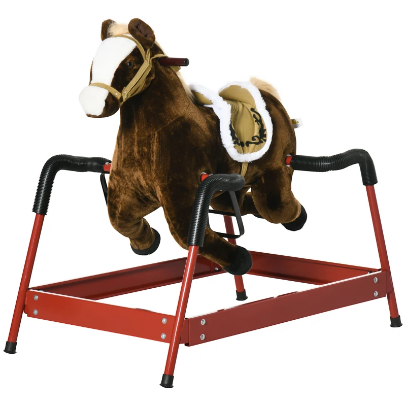 Qaba Kids Spring Rocking Horse, Ride on Horse for Girls and Boys with Animal Sounds, Plush Horse Ride-on with Soft Feel, Interactive Toy for Kids