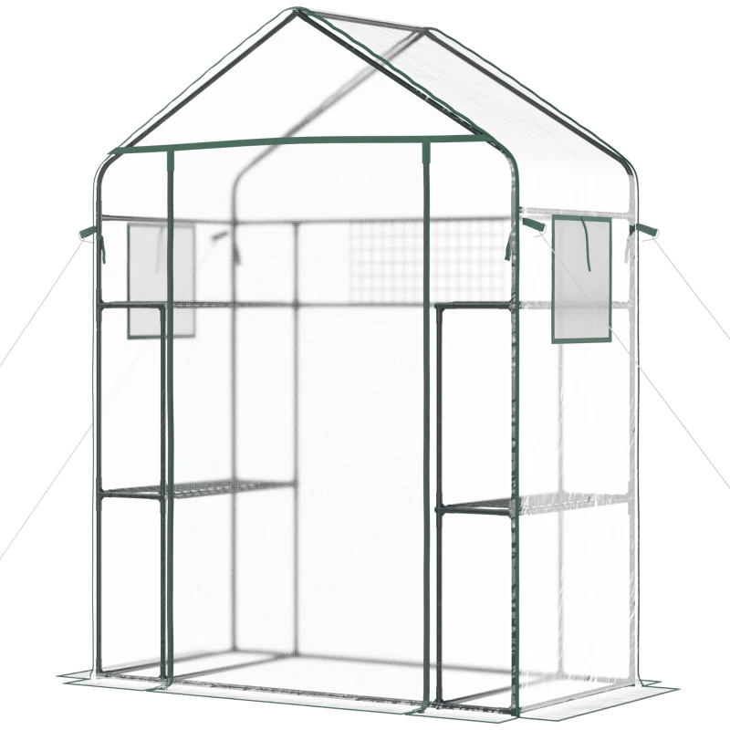 Outsunny Portable Walk-in Mini Greenhouse, 3 Tier 6 Shelf Small Garden House with Mesh Door, Windows, Trellis, Plant Labels for Outdoor Gardening