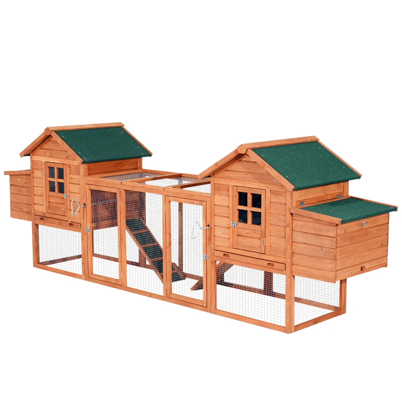 PawHut 124" Dual Chicken Coop Wooden Large Chicken House Rabbit Hutch Hen Poultry Cage Backyard with Outdoor Ramps and Nesting Boxes