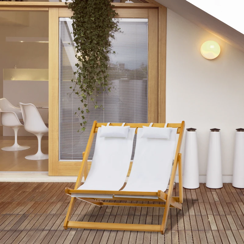 Outsunny 2-Person Sling Chair, Reclining Double Lounger for Patio, Beach, Camping, Lawn, Wood Folding Chair with Recliner Design for 2 Adults, Cream White