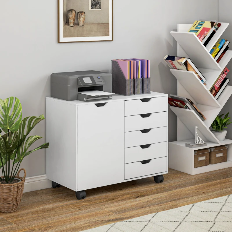 HOMCOM Mobile Filing Cabinet with 5 Drawers, Door and Adjustable Shelf, Rolling File Cabinet, Printer Table for Study