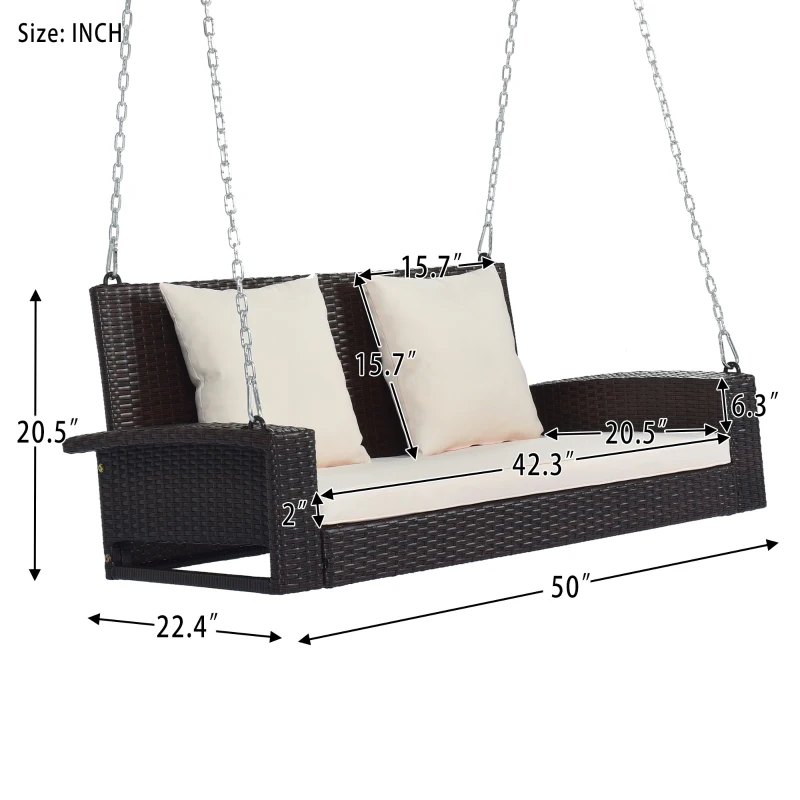 2-Person Wicker Hanging Porch Swing with Chains, Removable Cushions and Pillows, 500 lbs Capacity, 50" Length, Brown