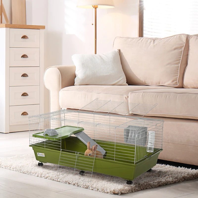 PawHut 47" Small Animal Cage Chinchilla Guinea Pig Hutch Pet House with Platform Ramp, Food Dish, Wheels, & Water Bottle
