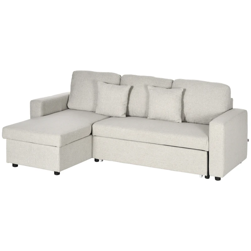 HOMCOM Sectional Sofa Bed, L-Shaped Loveseat Reversible Sleeper Sofa with Pull Out Couch Bed, Storage Chaise, Cushions, Linen Feel Fabric Futon Sofa Bed for Living Room, Cream White 89.75"