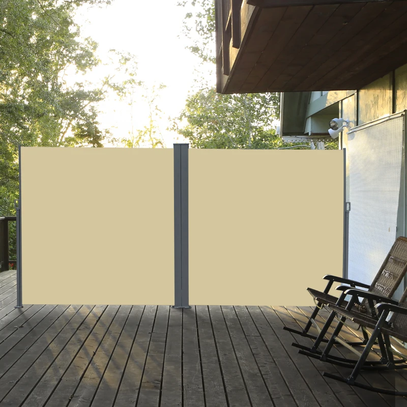 Outsunny 20' Double Retractable Patio Side Awning Garden Sun Shade with UV-Fighting Screen, Auto Pull-Back Function, & Steel Frame, Outdoor or Indoor Use, Beige