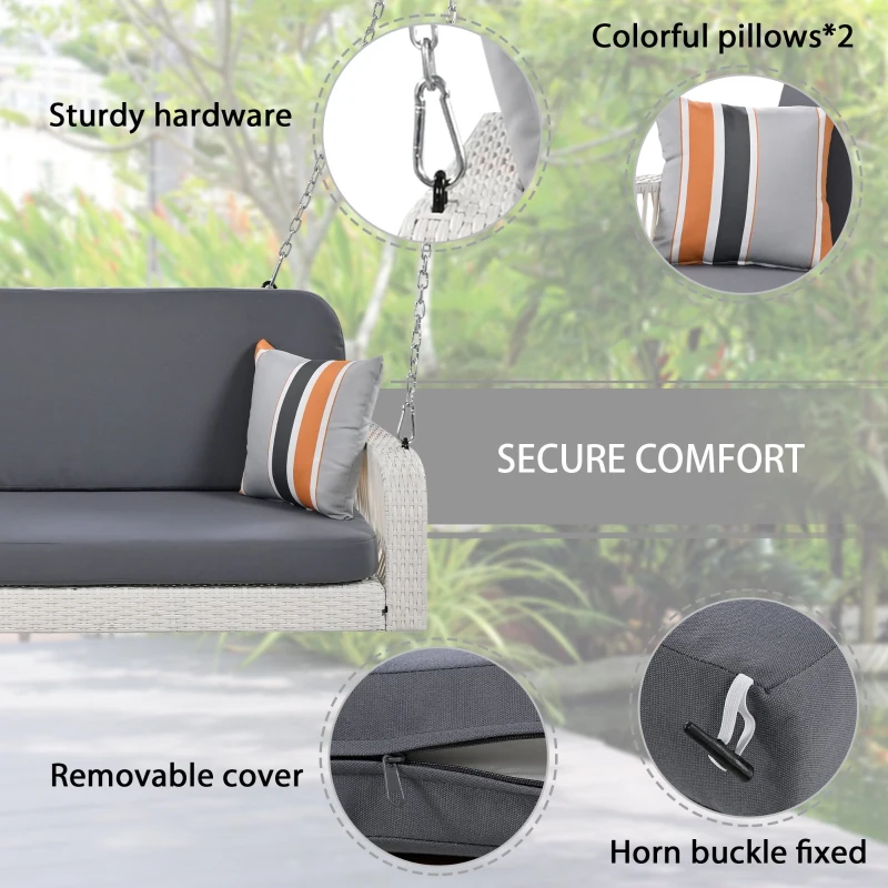 49" PE Wicker Porch Swing with Chains, 2-Seater Hanging Bench, All-Weather Patio Furniture for Backyard, Garden, Poolside, 48.81", Gray+White