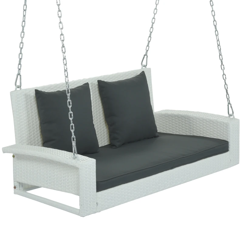 2-Person Wicker Hanging Porch Swing with Chains, Removable Cushion and Pillow, Rattan Swing Bench for Garden, Backyard, 50" Length, White