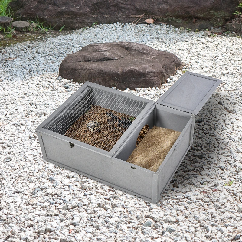PawHut 37” Wooden Tortoise House Turtle Terrarium/ Small Reptile Enclosure with Two Room Design, Grey