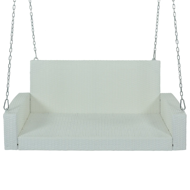 2-Person Wicker Hanging Porch Swing with Chains, Removable Cushion and Pillow, Rattan Swing Bench for Garden, Backyard, 50" Length, White