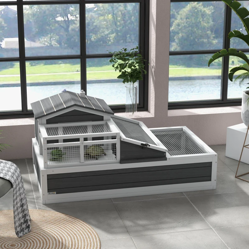 PawHut Tortoise House Habitat, 3-Room with Balcony, 2-Story Indoor/Outdoor Enclosure with Ladder, Tray, Open Roof, Large Wooden Reptile Cage, 44"x25.5"x23", Gray