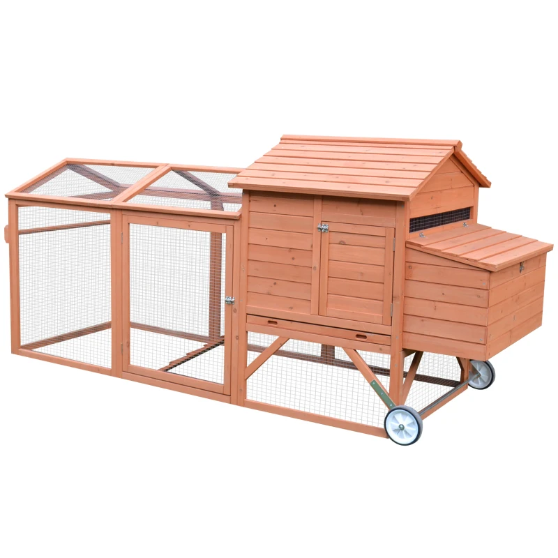 PawHut 96.5" Chicken Coop Wooden Hen House Poultry Cage Pen Portable with Wheels and Nesting Box, Chicken Cage for Backyard Outdoor, Natural