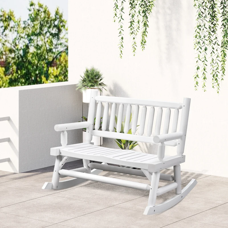 Outsunny 2-Person Wood Rocking Chair with Log Design, Heavy Duty Loveseat with Wide Curved Seats for Patio, Backyard, Garden, White