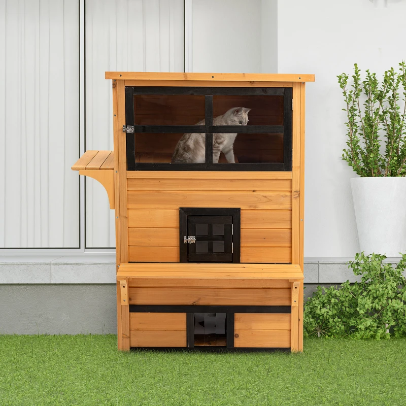 PawHut Outdoor Cat House, 3-Tier Kitty Shelter with 5 Escape Doors, Weather Resistant, Yellow & Black