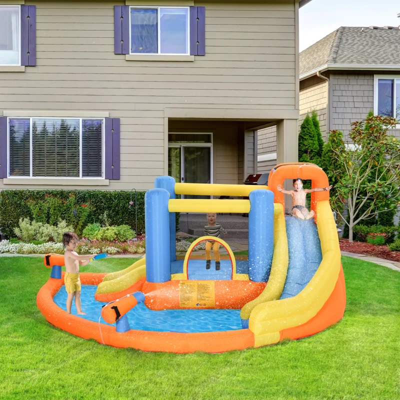 Outsunny 5-in-1 Kids Inflatable Bounce House Jumping Castle with Water Pool, Slide, Climbing Walls & 2 Water Guns