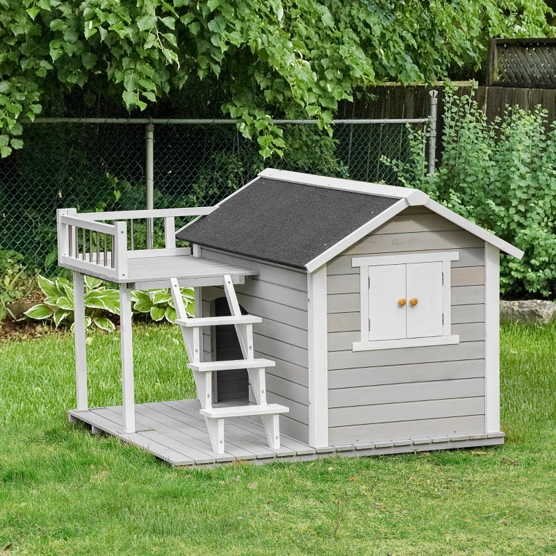 PawHut 2-Story Wooden Outdoor Dog House Shelter w/ Stairs & Balcony Medium, Large Dogs