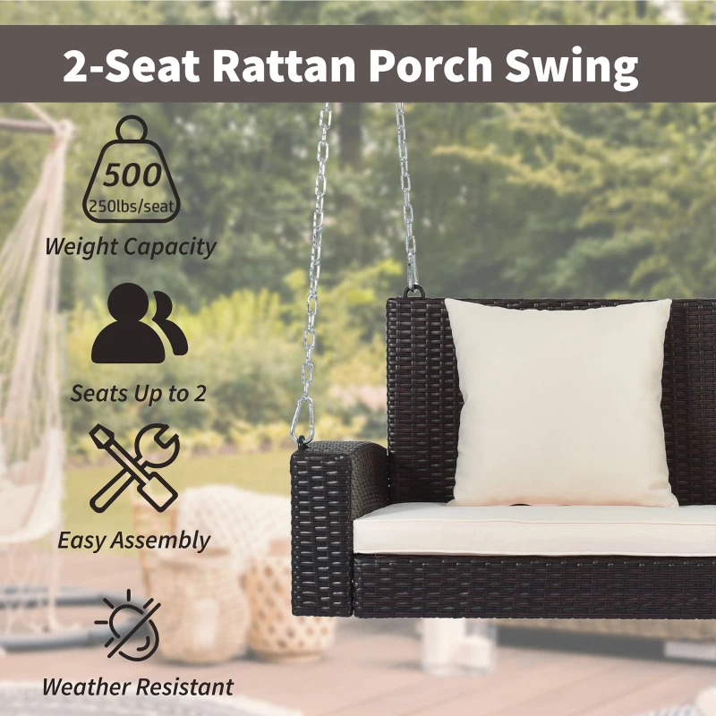 2-Person Wicker Hanging Porch Swing with Chains, Removable Cushions and Pillows, 500 lbs Capacity, 50" Length, Brown