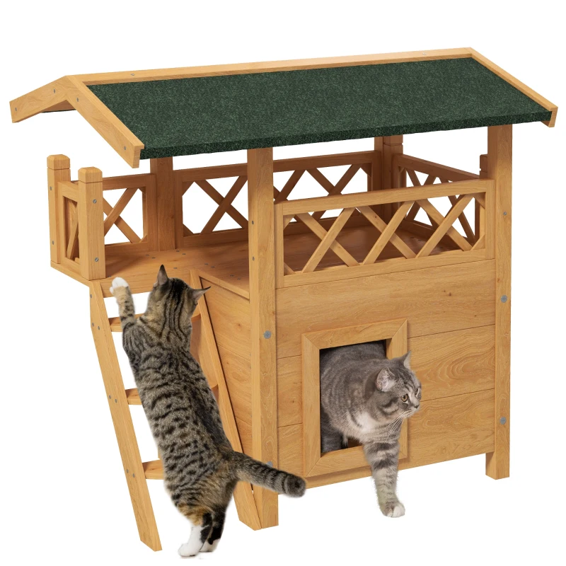 PawHut 2-Story Outdoor Wooden Cat House, Weatherproof Kitten Condo with Asphalt Roof & Stairs, Cozy Shelter