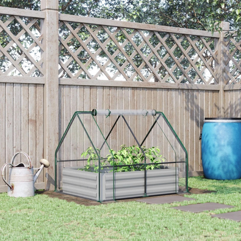 Outsunny Raised Garden Bed with Cover, Outdoor Galvanized Metal Planter Box Kit, 4 x 3 ft Mini Greenhouse with 2 Large Screen Windows, for Growing Flowers, Vegetables and Herbs, Clear