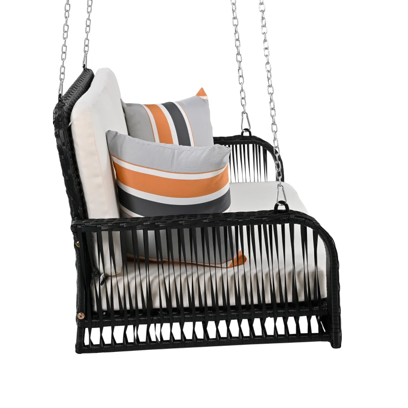 49" PE Wicker Porch Swing with Chains, 2-Seater Hanging Bench, All Weather Design, Removable Cushions and Pillows, 48.81" x 23.03" x 21.25", Beige+Black