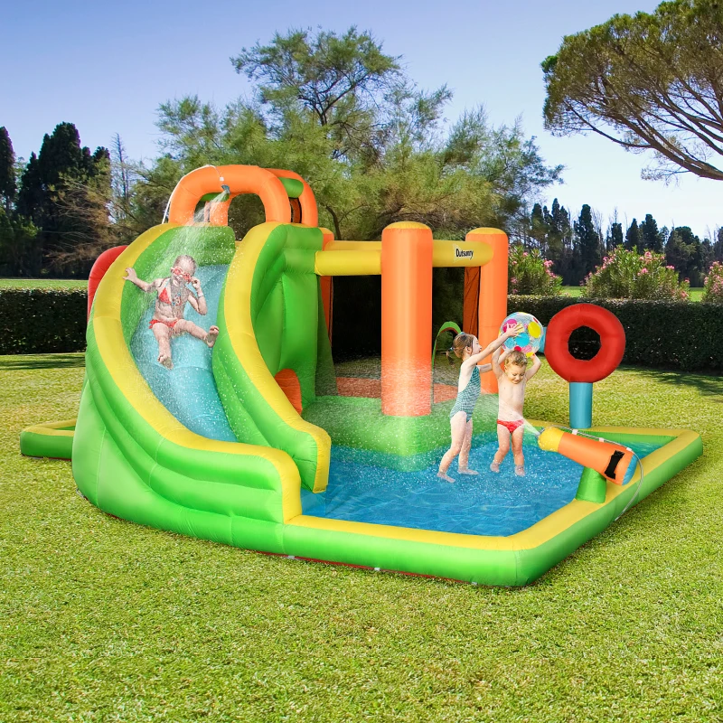 Outsunny 7-in-1 Backyard Inflatable Bounce House with Pool Sports, Water Blaster, and More, Inflatable Water Slide for Kids with 2 Min. Inflation, Large Outdoor Game for Birthday Party Activities