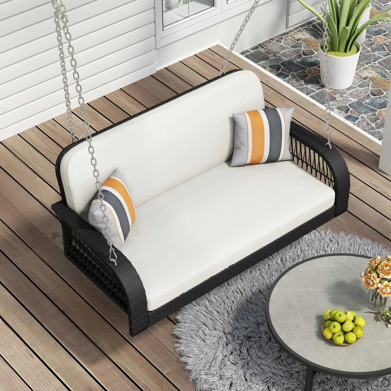 49" PE Wicker Porch Swing with Chains, 2-Seater Hanging Bench, All Weather Design, Removable Cushions and Pillows, 48.81" x 23.03" x 21.25", Beige+Black