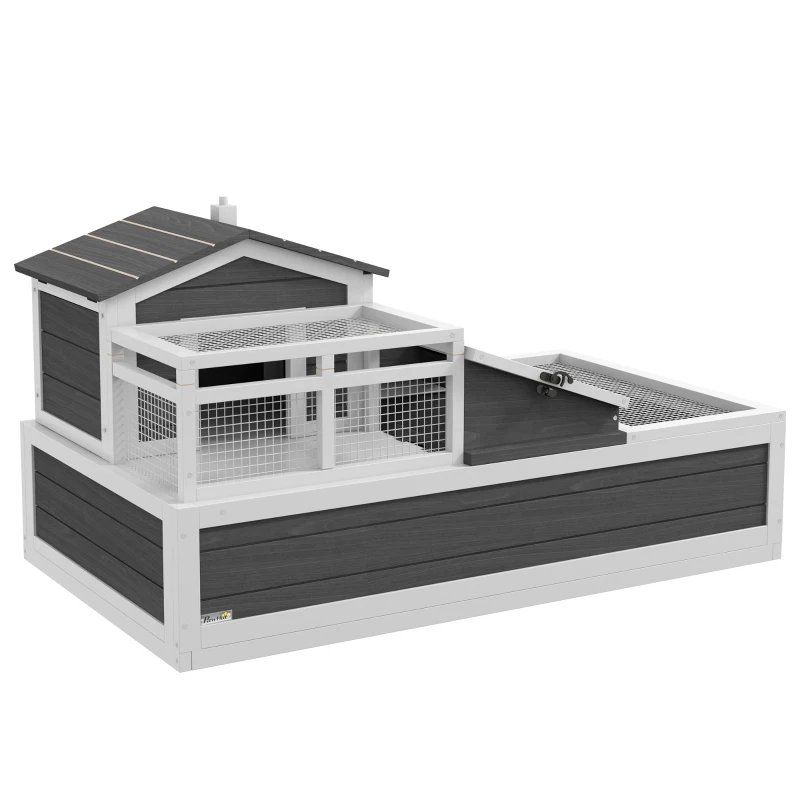 PawHut Tortoise House Habitat, 3-Room with Balcony, 2-Story Indoor/Outdoor Enclosure with Ladder, Tray, Open Roof, Large Wooden Reptile Cage, 44"x25.5"x23", Gray
