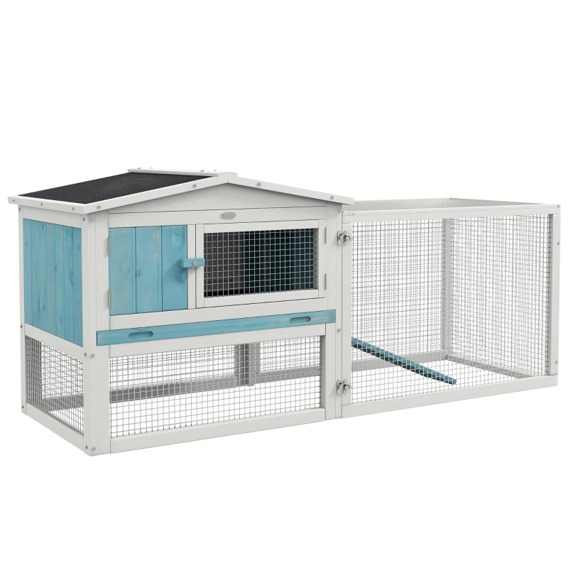 PawHut Rabbit Hutch 2-Story Bunny Cage, Guinea Pig Cage Indoor Outdoor, Small Animal House with Slide Out Tray, for Rabbits, Chickens, Ducks, 61.5" x 23" x 27", Light Blue