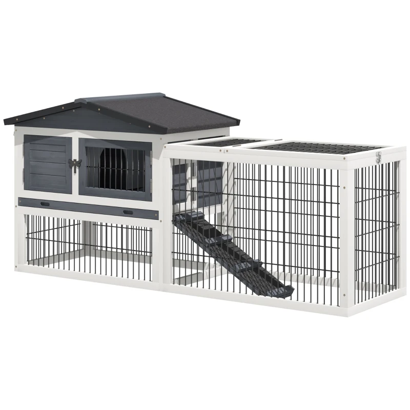 PawHut Rabbit Hutch Metal Bunny Cage, Wire and Easy Clean Tray with 2 House Levels and Patio Space  59" L x 20.75" W x 26.75" H