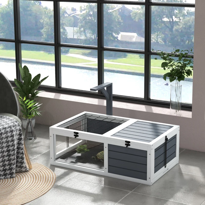 PawHut Tortoise House with Lamp Holder, Wooden Habitat for Tortoises, Secure Living Space, Easy Access, Gray