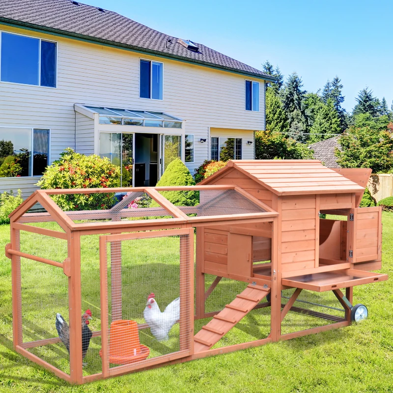 PawHut 96.5" Chicken Coop Wooden Hen House Poultry Cage Pen Portable with Wheels and Nesting Box, Chicken Cage for Backyard Outdoor, Natural