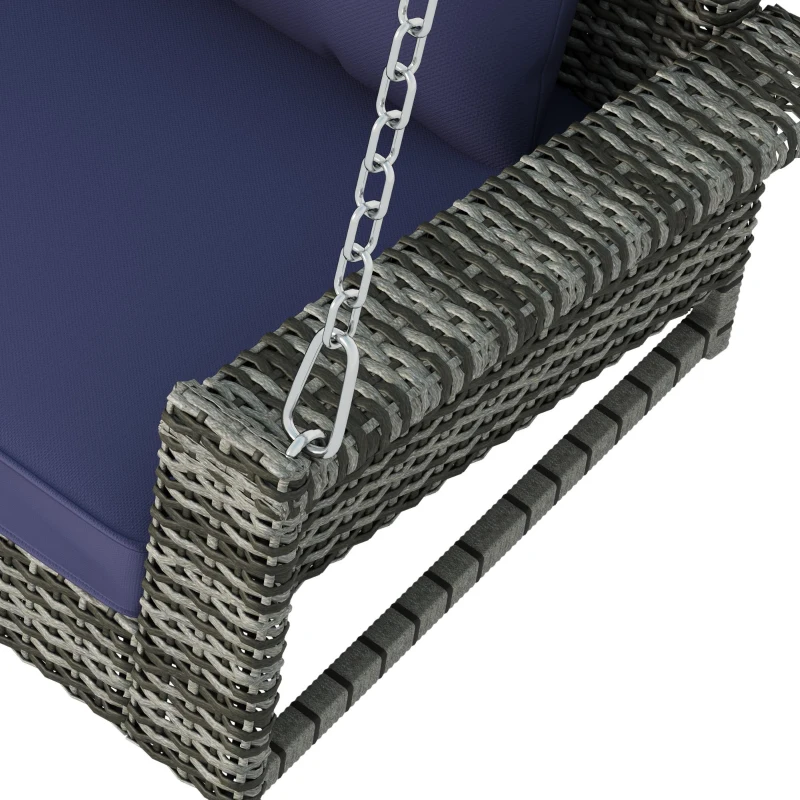 2-Person Wicker Hanging Porch Swing with Chains, Removable Cushions and Pillows, Rattan Swing Bench for Garden, Backyard, Pond, 50" Length, Blue-gray