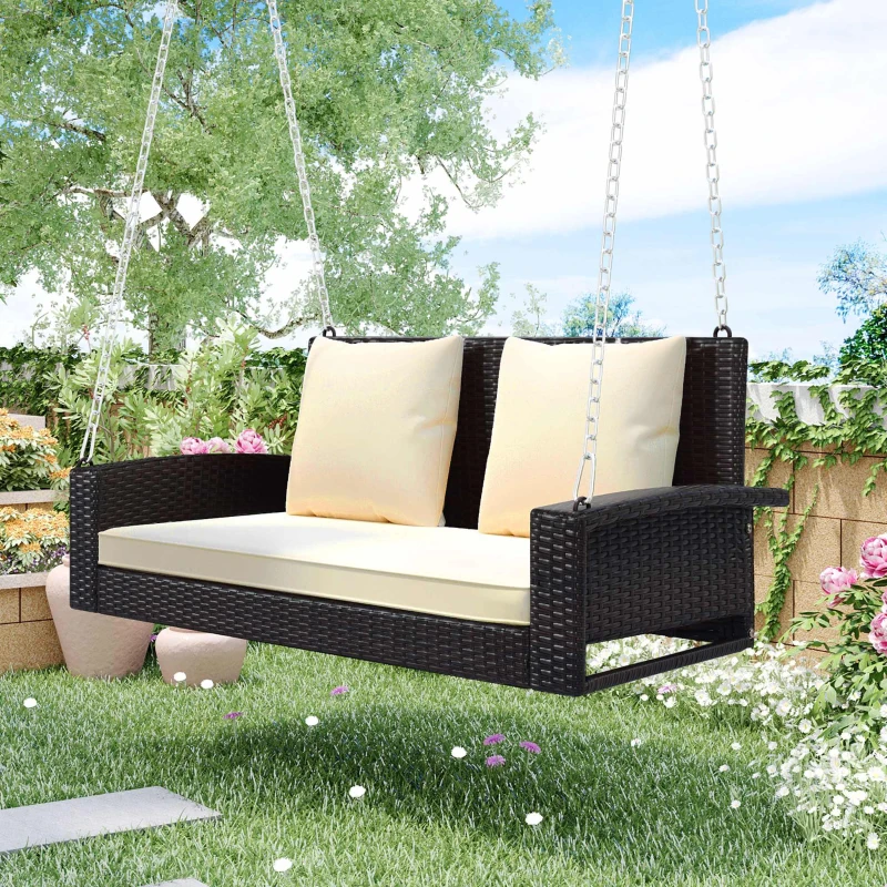 2-Person Wicker Hanging Porch Swing with Chains, Removable Cushions and Pillows, 500 lbs Capacity, 50" Length, Brown