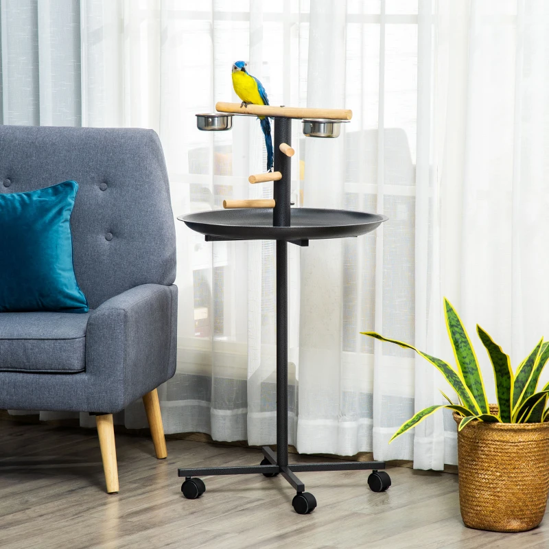 PawHut Portable Bird Play Stand, Parrot Perch Bird Feeder Station with Wheels, Stainless Steel Feeding Bowls, Tray, Gray