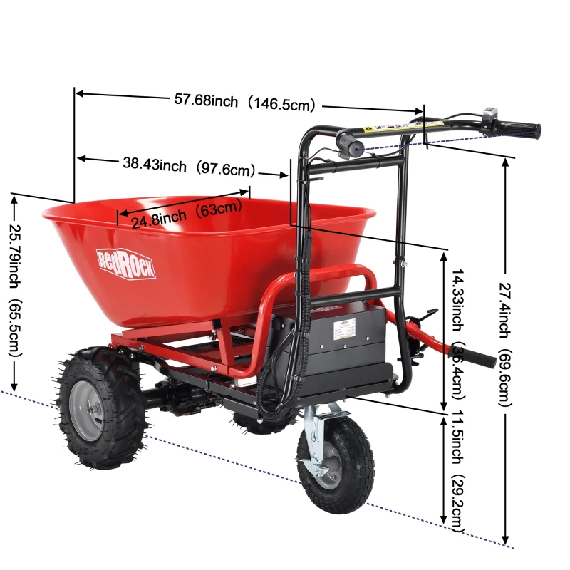 Electric Wheelbarrow Utility Cart, 48V 500W Brushless Motor, 500lbs Capacity, 6 Cuft, Dual-Wheel Design, 58.5×24.8×38.2 in, Red