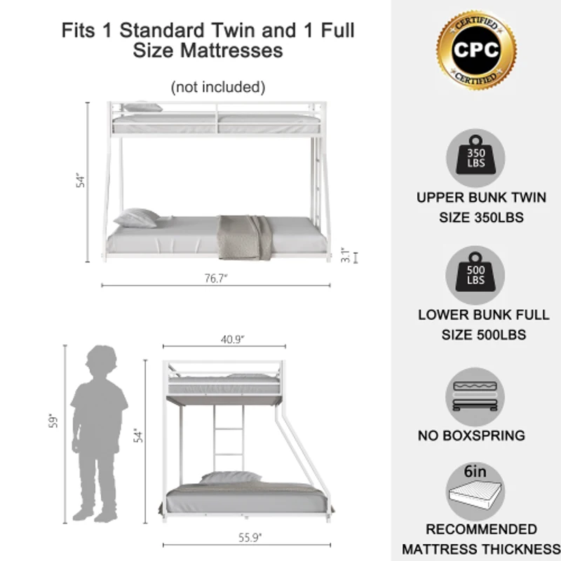 Adam Twin Over Full Metal Bunk Bed Frame with Guardrails, Interchangeable Ladder, No Box Spring Required, Easy Assembly, White