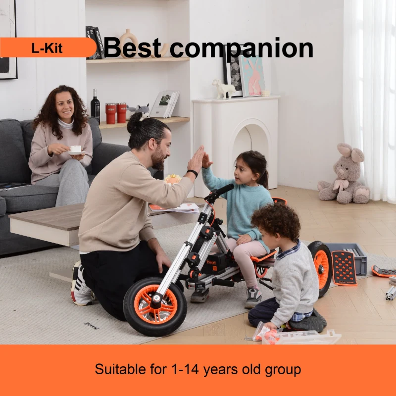Buildable Kit 20 in 1 Kids Go Kart Set, Suitable for Ages 1-8, Two/Three Wheel Bike, Go Kart, Sit/Stand Scooter, 49.21"x38.58"x25.59", Silver