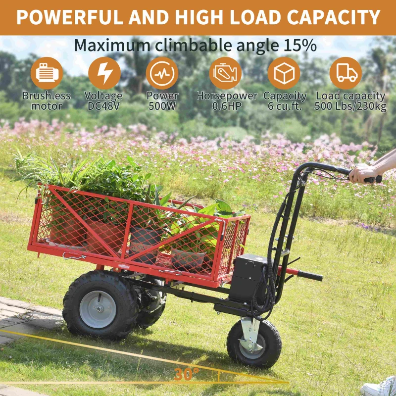 Electric Wheelbarrow Utility Cart, 48V 500W Motor, 500lbs Capacity, 1000lbs Towing, Brushless Motor, Adjustable Speed, 54.72"x23.23"x38.58", Red