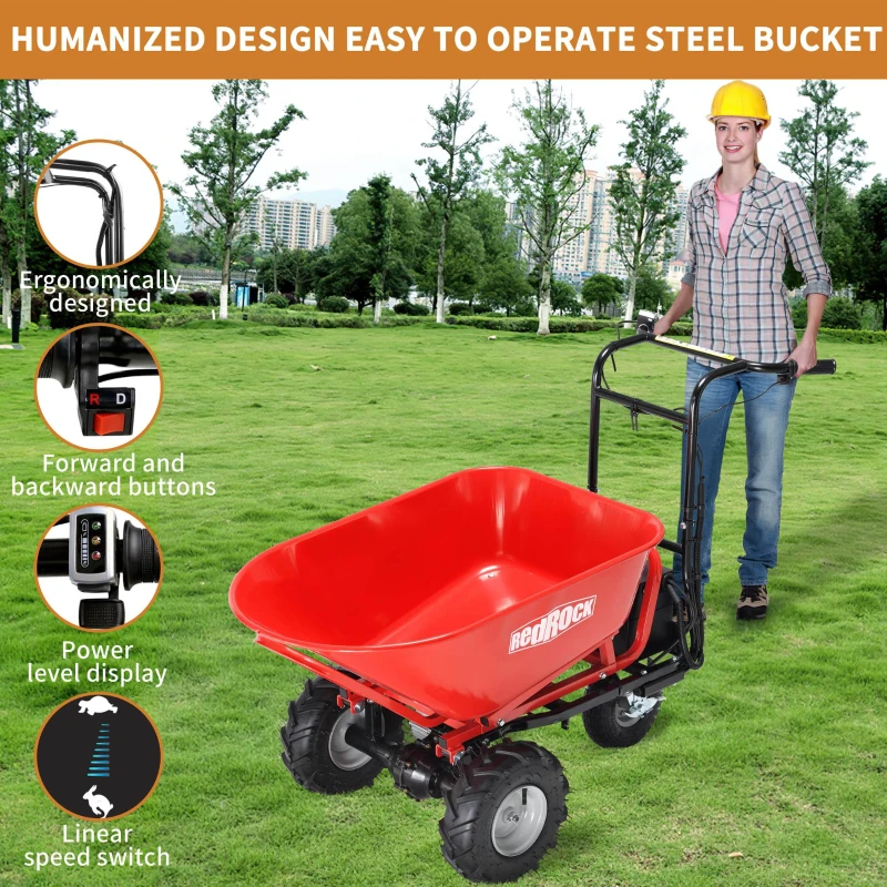 Electric Wheelbarrow Utility Cart, 48V 500W Brushless Motor, 500lbs Capacity, 6 Cuft, Dual-Wheel Design, 58.5×24.8×38.2 in, Red