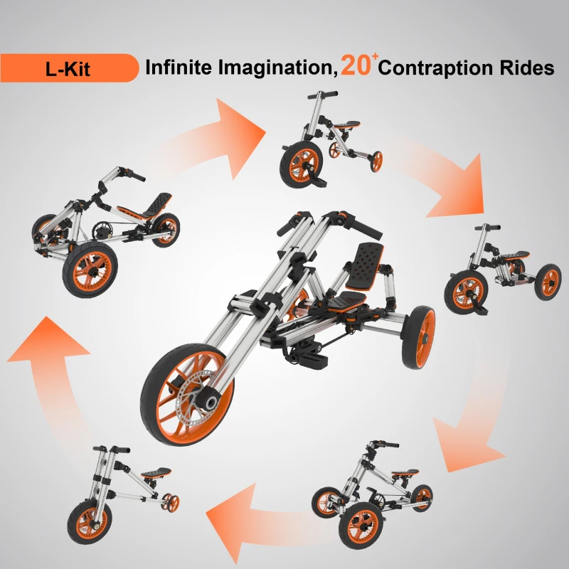 Buildable Kit 20 in 1 Kids Go Kart Set, Suitable for Ages 1-8, Two/Three Wheel Bike, Go Kart, Sit/Stand Scooter, 49.21"x38.58"x25.59", Silver