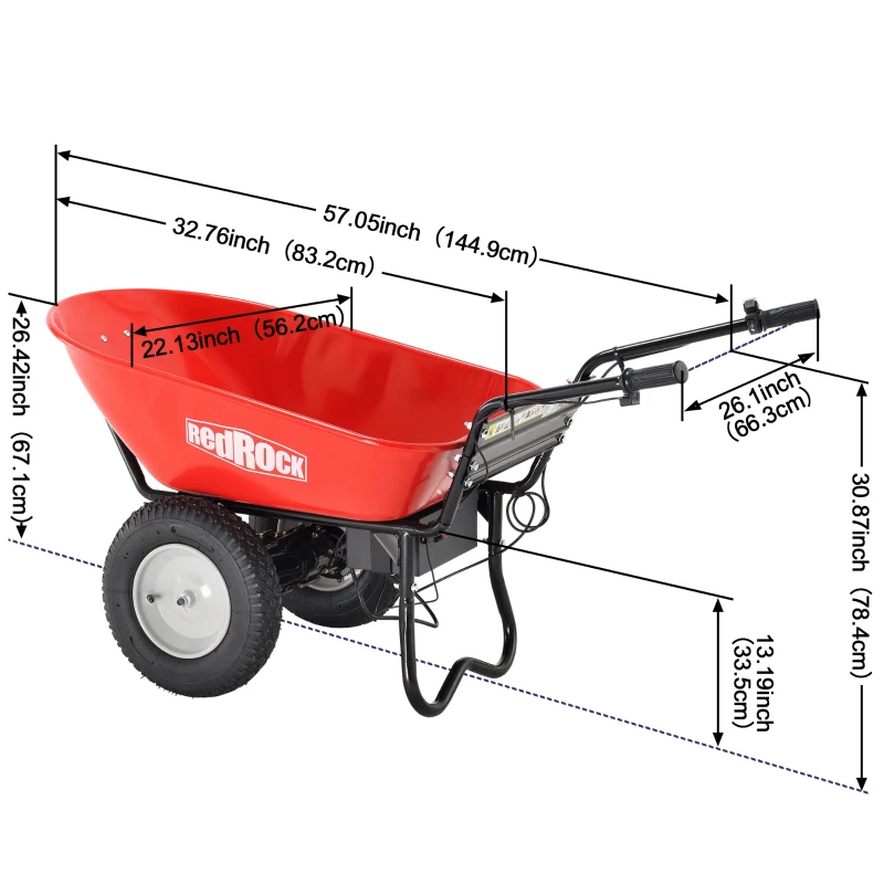Electric Wheelbarrow Utility Cart, 24V DC 180W AGM Battery, 330lbs Max Capacity, Brushless Motor, All-Terrain Pneumatic Wheels, 57"x26.1"x30.9", Red