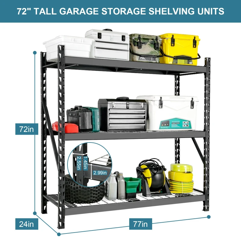 Garage Shelving Heavy Duty 72"H x 77"L, 6000LBS Capacity, Adjustable 3 Tier Metal Shelving for Garage Storage, Easy Assembly, Black