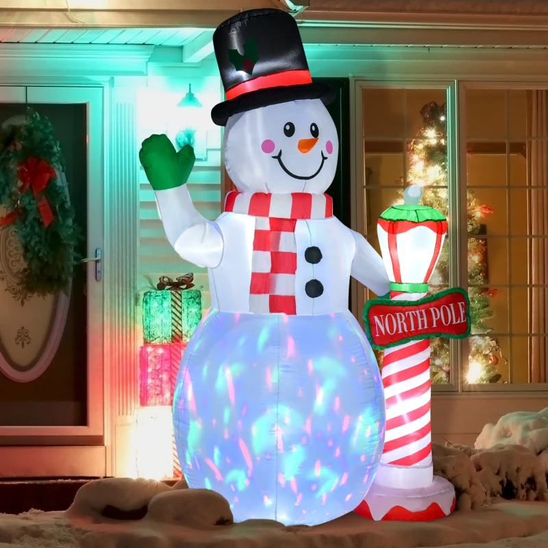 HOMCOM 8ft Christmas Inflatables Outdoor Decorations Snowman with North Pole Sign, Blow-Up Yard Christmas Decor with LED Rotating Colorful Lights Display