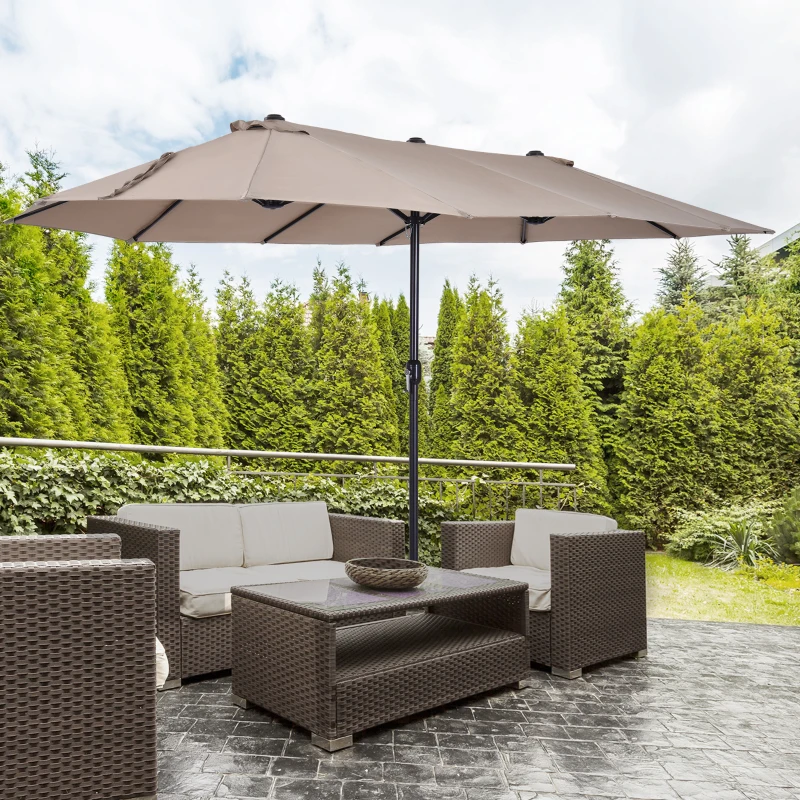 Outsunny Patio Umbrella 15ft Double-Sided Outdoor Market Extra Large Umbrella with Crank Handle for Deck, Lawn, Backyard and Pool, Tan