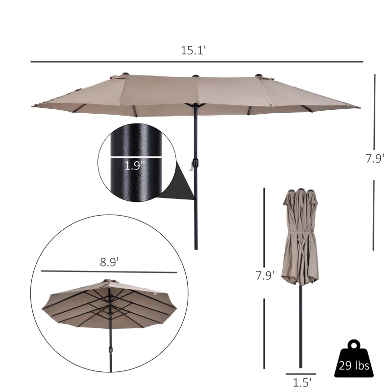 Outsunny Patio Umbrella 15ft Double-Sided Outdoor Market Extra Large Umbrella with Crank Handle for Deck, Lawn, Backyard and Pool, Tan