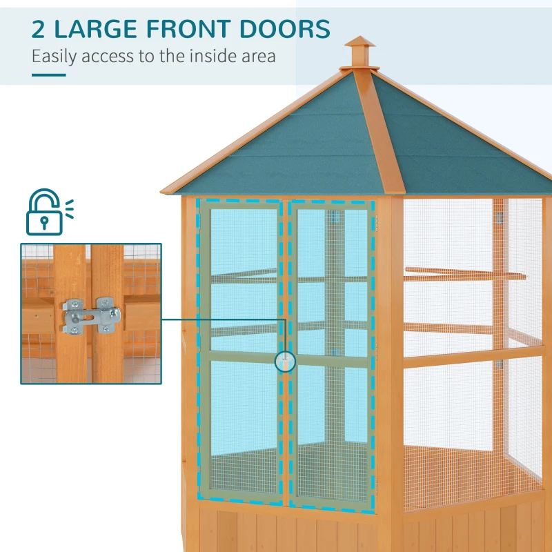 PawHut Large Wooden Bird Cage, Outdoor Aviary with Covered Roof, Spacious Flight Cage for Birds, Secure and Aesthetic